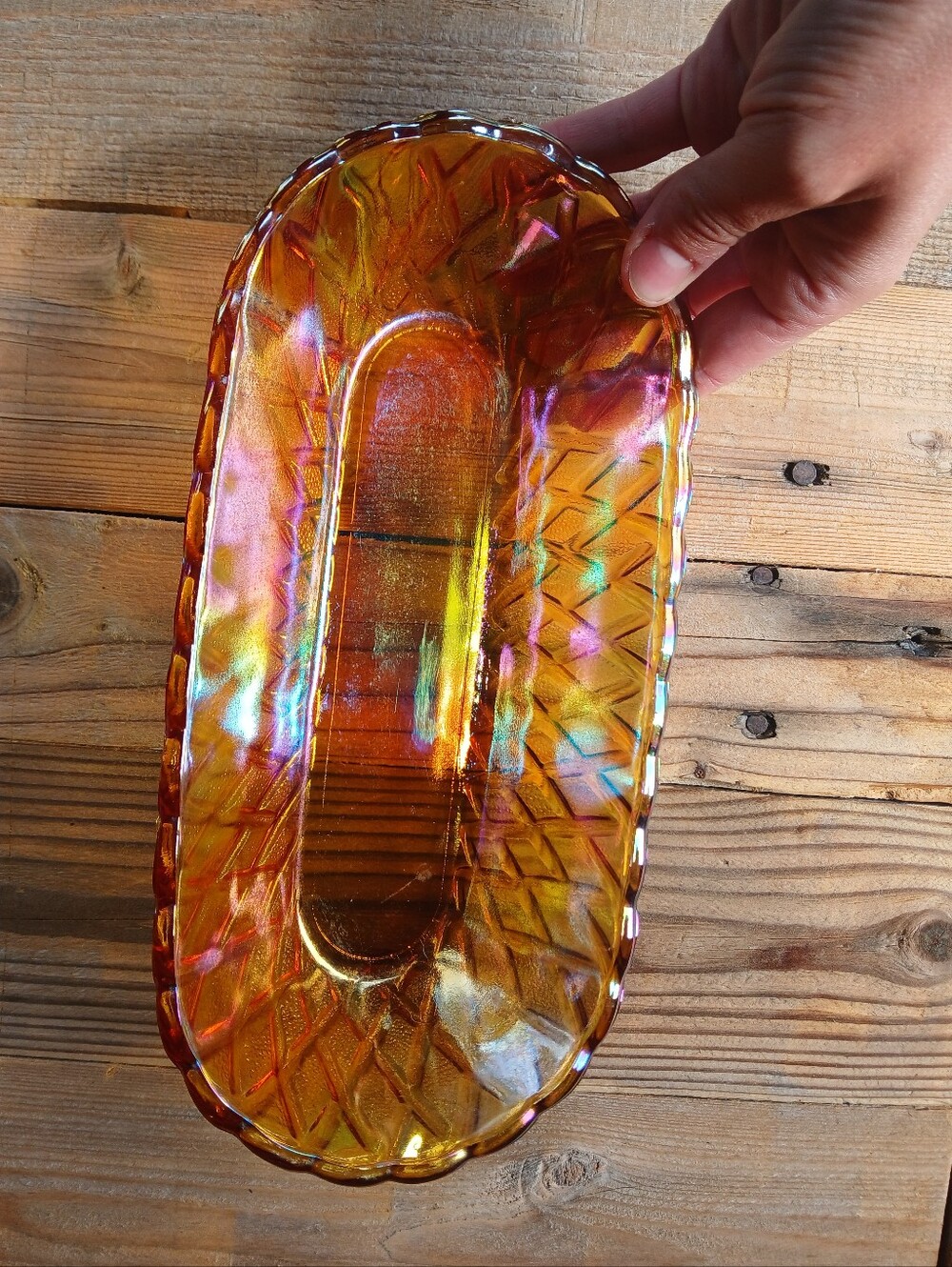 Iridescent Marigold Relish Dish/ Carnival Indiana Glass Vintage Basket Bowl